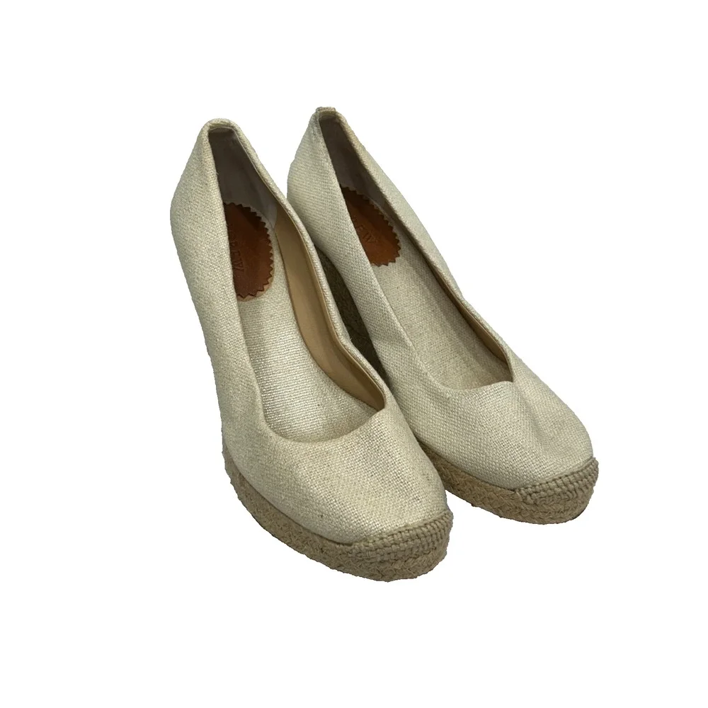 J. Crew Womens Beige‎ Seville Espadrille Metallic Canvas Wedge Sandals Size 8.5